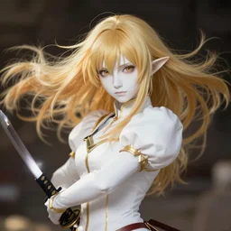 renaissance art elf girl with white skin, katana in hand, golden hair blowing the wind, trending artistic art, soft anime, dynamic photography, fate zero, realistic face, extremely high detailed, bokeh background, studio ghibly makoto shinkai yuji yamaguchi, wlop