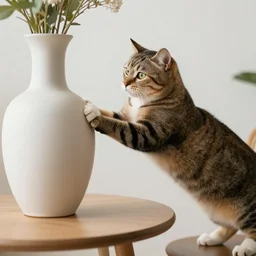 a cat pushes a vase off the table