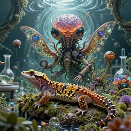 in a science lab gekko, gelatinosis glass, retro futurism, lush layered biomechanical fauna, phantastica, aliena, insectoid, flux symbiosis, gekko soles gelatin brains,, detailed chaos, artificia, vortices micro water, fluida, octane render, by peter mohrbacher and alex grey