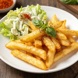 fries, fried salad, fried basil, spices