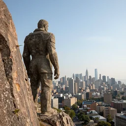 the great strides of the stone giant over the big city on de horizon. beautiful, realistic, 4K