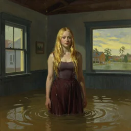 octane render of Elle Fanning in a flooded house interior, by Edward Hopper and Andrew Wyeth, extremely detailed masterpiece