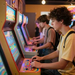 young people playing arcade machines, 7 0 s airbrush, saturated color