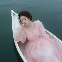 cinestill 5 0 d aerial view portrait of a dreamy beautiful woman on little boat by roversi like lady of shalott by waterhouse 3 5 mm lens, 8 k, elegant, highly detailed, pale pink matt, soft blur, artstation, sharp focus, head in focus
