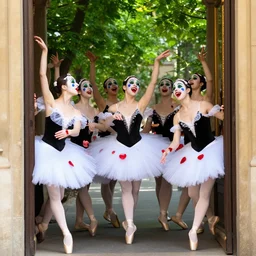 The leafy streets ripple with the sound of ballerinas cackling. They splurge from the gilded doorways, all dressed in white and black and crimson. Their faces are painted like jewels: red-hot rubies for their mouths, green emeralds for their eyes, blue sapphires for their cheeks.