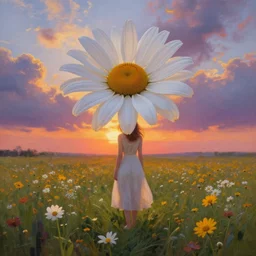 giant daisy flower under head, full body girl standing in a flower field, surreal photography, sunrise, dramatic light, impressionist painting, colorful clouds, digital painting, artstation, simon stalenhag