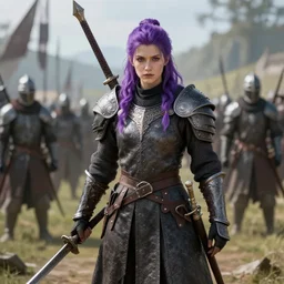 purple haired warrior in a medieval battlescape