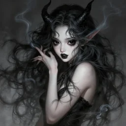 portrait of demon girl with long hair by artgerm, dreamy and ethereal, expressive pose, big black eyes, exciting expression, fantasy, intricate, elegant, dark and moody smoke, highly detailed, digital painting, artstation, concept art, smooth, sharp focus, illustration, art by bastien lecouffe deharme and greg rutkowski