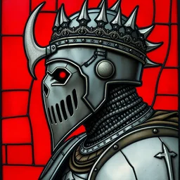 detailed portrait of a scary knight, profile view, side view, grey kaldor helmet, skull - shaped visor, grey royal crown with big spikes, plate armor, stained glass art, by alphonse mucha, red background, very masterful