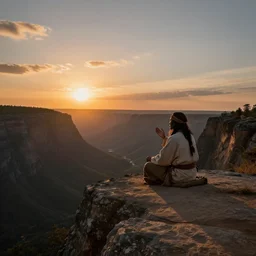 an shaman sitting at the top of a cliff, looking down at the valley, doing a vision quest, beautiful sunset, art by artgerm