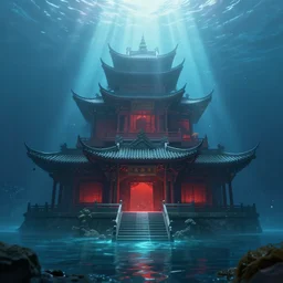 A fantasy art  of an ancient underwater Chinese building at the bottom of the lake, rays of light illuminating from the top, highly detailed, digital painting, artstation, smooth, sharp focus, by greg rutkowski, blue and red lighting, digital art, ultra realistic, ultra detailed, photorealistic, 4k