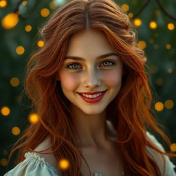 portrait of happy a young woman, among the lights of golden fireflies and nature, long loose red hair, intricate details, bright green eyes, freckles on the nose, round gentle face, romantic dress, golden ratio, hyper realistic digital art by artemisia lomi gentileschi and caravaggio, unreal engine 5