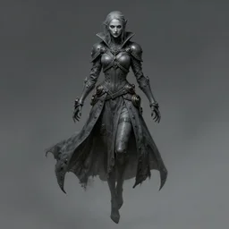 female revenant, undead, grey tarnished longcoat, vengeful, floating, no legs, high fantasy, steampunk, monochromatic, detailed face, highly detailed, smooth, shrap focus, matte digital illustration, by ilya kuvshinov, donato giancola, pixiv
