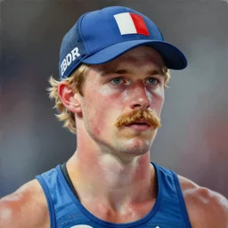 portrait painting of the upper body part of a french blond crossfiter with a mustache and a french flag cap, sharp focus, award - winning, trending on artstation, masterpiece, highly detailed, intricate. art by rebecca guay and aenaluck