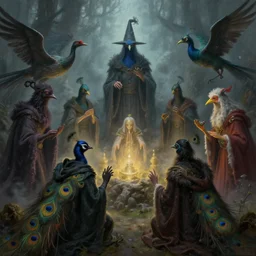 masterful fantastic realist painting of the enchanted summoning rituals of unusual moody birds wearing cloaks, exotic peacock wizardry, weird perspective, digital painting trending on artstation, volumetric lighting and mist, hyperrealistic, octane render