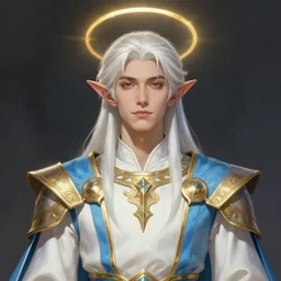 portrait of a young beautiful calm and pious male aasimar paladin with halo:20 above head with medium length white hair wearing white gold and sky blue vestments under armor, pensive and hopeful expression, cinematic light, symmetrical face illustration, painterly, Greg Rutkowski:9, intricate, masterpiece, clean shaven, fantasy, d&d