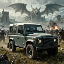 Land Rover Defender 110 (1985), an epic fantasy, dramatic lighting, cinematic, establishing shot, extremely high detail, photorealistic, cinematic lighting, artstation, by simon stalenhag, The Elder Scrolls V: Skyrim, Whiterun Hold, Dragonsreach in the distance, Battle for Whiterun, Stormcloaks vs Imperials, Swarms of Stormcloaks and Imperials fighting eachother, Skyrim Civil War