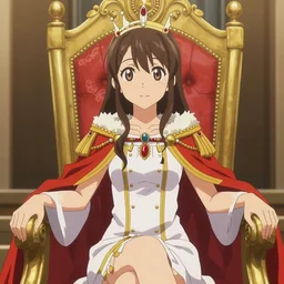regal yui hiwasawa from k-on sitting on queens throne royalty wearing royal mantle gold jewelry by alex ross