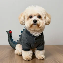 a cream-colored Havanese dog dressed Godzilla, Leica 35mm, 4K