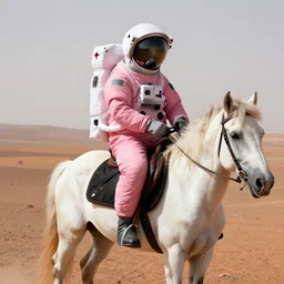 astronaut in pink spacesuit on mars riding a white horse