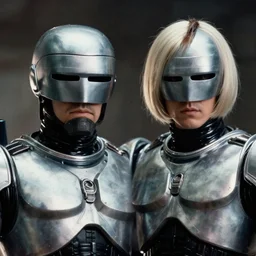 film still close - up shot of 2 b nier automata as robocop from the movie robocop. photographic, photography