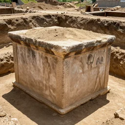 ancient roman shed discovered during building excavation, covered in dirt and sediment, ancient roman motifs, 3 PM sunny, humid