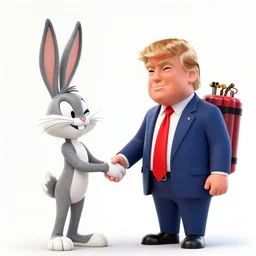 a warner brothers style cartoon of bugs bunny shaking hands with donald trump, bugs bunny is winking and holding tnt behind his back