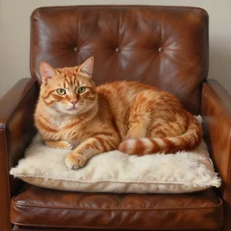 a beautiful painting of a red cat laying on a fluffy pillow in a leather chair by Aaron Blaise and Craig Mullins, highly detailed, trending on artstation, unreal engine, octane render,