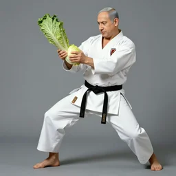 benjamin netanyahu karate chopping a cabbage while wearing karate uniform, by norman rockwell, highly detailed