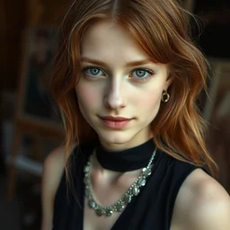 a portrait photograph of a crazy beautiful young woman painter in her studio, wearing a black dress and silver necklace, copper brown hair, dof, sharp focus, slight smile, pale, highly detailed face, symmetric face, 4 k, cinestill 8 0 0 t, exif, raw, photography by bill henson