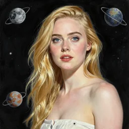 a striking hyper real illustration of Elle Fanning in space by Edwin Blashfield