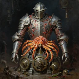 oil painting nightmare macerated epic quadruple tiered vivisected plate armor panulirus ornatus gear box machinery, cinematic, fine art, by jack gaughan, shigeru komatsuzaki