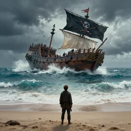 concept art, a lone figure watches from the beach as a ship flying a pirate flag is tossed on a stormy ocean. realistic shaded lighting poster by ilya kuvshinov, magali villeneuve, artgerm, jeremy lipkin and michael garmash and rob rey