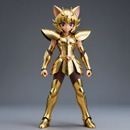 photorealistic full shot of Saint Seiya knight wearing golden Cat armor as a cute anime girl, detailed, inspired by Masami Kurumada, unreal engine 4k, textured