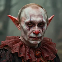 photorealistic portrait photograph of vladimir putin as a pathetic goblinoid demon clown, kobold, upper body, fantasy, bloody, depth of field, soft focus, highly detailed, intricate, realistic, national geographic cover, soft glow, textured, artstation, concept art, sharp focus, illustration, art by artgerm and greg rutkowski and alphonse mucha