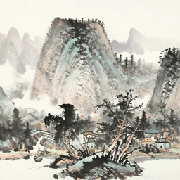 over the hills, chinese painting style, ink painting, ink landscape painting