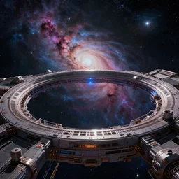 intergalactic stargate portal in a space station with a view of a nebula in the background, fantasy art, trending on artstation