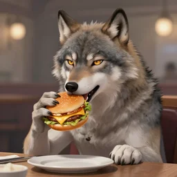 anthromorphic furry wolf eating a cheeseburger, digital painting