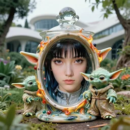 cinestill 5 0 d, 8 k, j. j abrams flare ; esoteric ultra realistic seinen manga akira timepiece in matrix meets yoda ( 1 9 9 0 ) film still garden scene in frontiers in translucent porcelain photography fashion magazine june seinen manga portrait closeup edition, hyperrealistic real - life cyborg shaped clay occult timepiece film still in seinen manga victorian glass jar, pointe pose, perfect eyes, tilt shift wide shot zaha hadid background