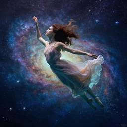 a dancer floating underwater, with flowing hair, wearing a flowing sundress, swimming through a colorful starry galaxy, fantasy, cinematic, fine details by realistic shaded lighting poster by ilya kuvshinov katsuhiro otomo, magali villeneuve, artgerm, jeremy lipkin and michael garmash and rob rey