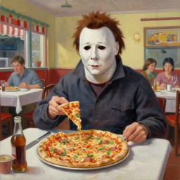 painting of Michael Myers in a good restaurant eating a delicious pizza, well decorated, tables, happy, charming, typical, picturesque, sharp focus, wide shot, trending on ArtStation, masterpiece, by Greg Rutkowski, by Ross Tran, by Fenghua Zhong, octane, soft render, oil on canvas, colorful, cinematic, environmental concept art
