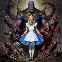 the platonic ideal of alice in wonderland of cletus kasady ultimate carnage thanos dementor doctor manhattan chtulu nazgul, detailed, intricate, hyperrealism, intense, scary, decay, dmt, art by brock hofer and artgerm and greg rutkowski and alphonse mucha