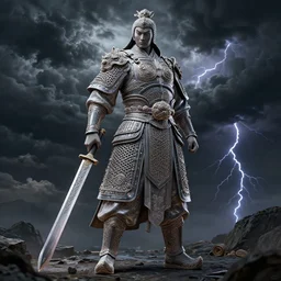 ancient ntricate line painting, game characterwhole body design of a chinese anicientwarrior in clothes with a broadsword, down hard, dark cloud and lightning on the grounddramatic lighting, cg, extremely detailed, 8 k, sophisticated