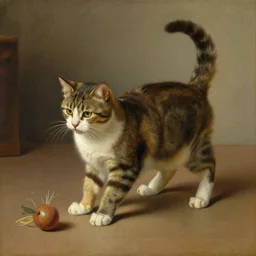 dutch oil painting of a cat playing with a toy, detailed