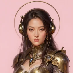 a cinematic portrait steampunk lucy liu with a halo, soft pink background, intricate, elegant, highly detailed, digital painting, artstation, concept art, smooth, illustration, art by artgerm and hsiao ron cheng
