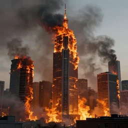a stark depiction of burning skyscrapers and smoke, featured on artstation