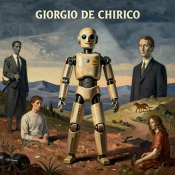 [Poster!! of a crash test dummy in a stunning landscape by Giorgio de Chirico, Rene Magritte, George Tooker, Titian]