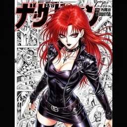 highly detailed coherent professional late 2 0 0 0 s seinen manga cover art of badass goth woman with red hair, red eyes, leather clothes, black makeup. chunibyo. horror cyberpunk action manga cover promotional art. detailed and intricate environment. pencils by ilya kuvshinov and painted by zdzislaw beksinski, inked by tsutomu nihei