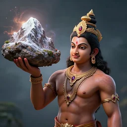 photorealistic Bajrangbali holding mountain on his hand, muscular body, magical effect, clear clean face, artstation, devainart, hyperreal, hyperdetailed, 8k ,hd