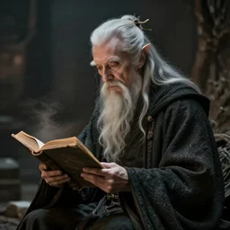a 1 3 th century, enigmatic, melancholic, fae wizard ( look like ( ( eighty years old christopher lee ) ), is ( ( reading an old book ) ). light dust, magnificent, hyperdetailed, theatrical, painted by li tang